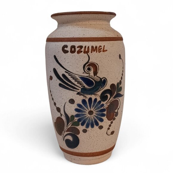 SIGNED Gardiel Vintage Mexico Cozumel Stoneware Bird Butterfly Vase - Picture 2 of 14